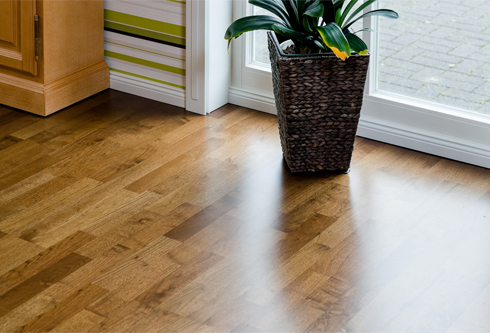 laminate flooring close up with plant in wicker basket